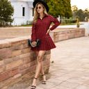 Red Large Long Sleeve Plaid Button-Up Shirt Dress with Pleated Hem