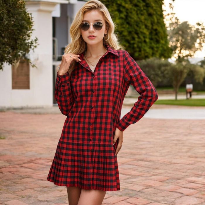 Long Sleeve Plaid Button-Up Shirt Dress with Pleated Hem