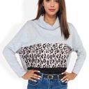  Long Sleeve Color Block Top with Leopard Print Panel and Cowl Neck Detail