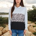  Long Sleeve Color Block Top with Leopard Print Panel and Cowl Neck Detail