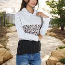  Long Sleeve Color Block Top with Leopard Print Panel and Cowl Neck Detail