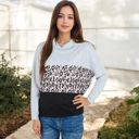  Long Sleeve Color Block Top with Leopard Print Panel and Cowl Neck Detail