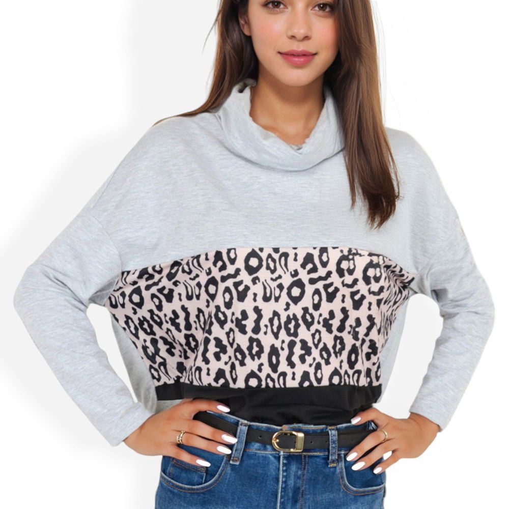 Long Sleeve Color Block Top with Leopard Print Panel and Cowl Neck Detail