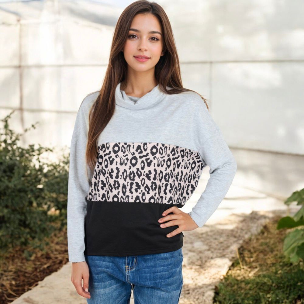 Long Sleeve Color Block Top with Leopard Print Panel and Cowl Neck Detail