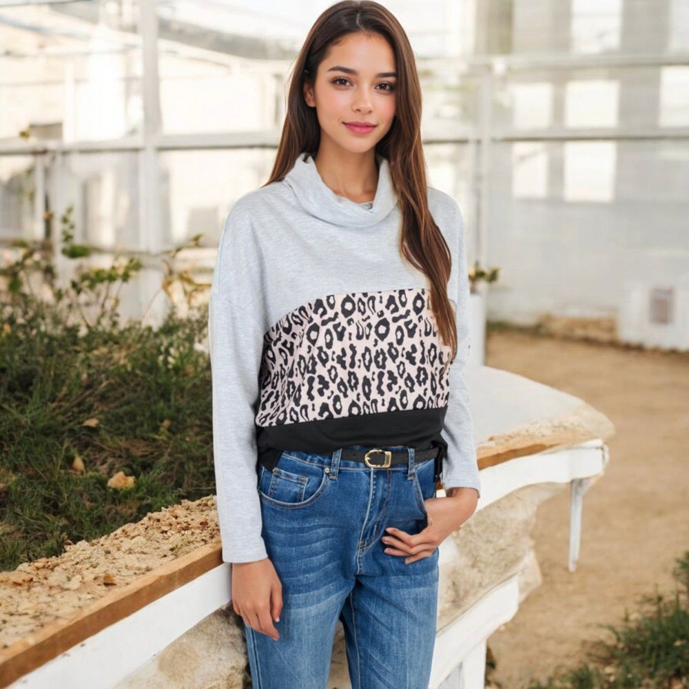 Long Sleeve Color Block Top with Leopard Print Panel and Cowl Neck Detail