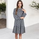  Long Sleeve Floral Print Dress with Ruffle Hem and Keyhole Neckline