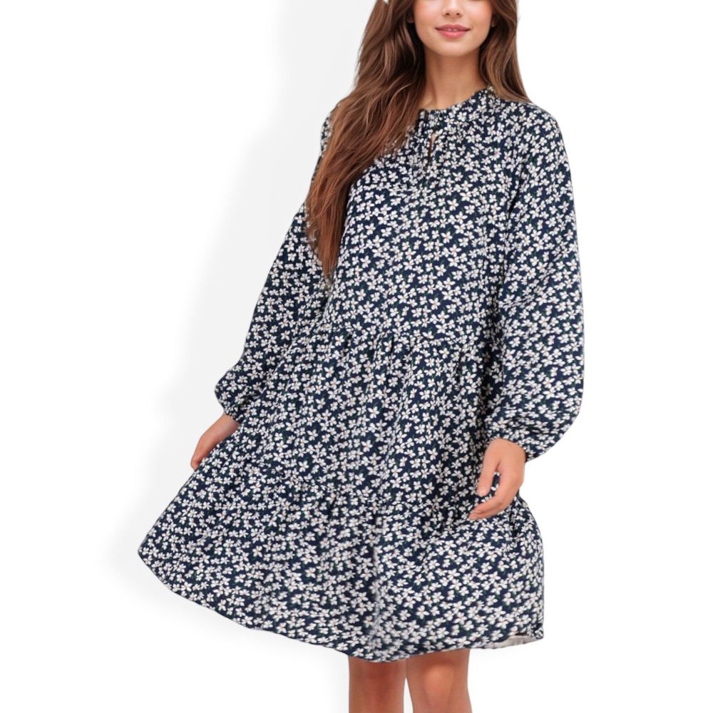 Long Sleeve Floral Print Dress with Ruffle Hem and Keyhole Neckline