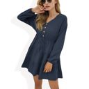  Long Sleeve Button-Front Tiered Mini Dress with Drawstring Waist