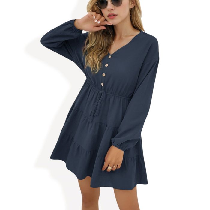 Long Sleeve Button-Front Tiered Mini Dress with Drawstring Waist