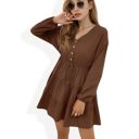 Brown Large Long Sleeve Button-Front Tiered Mini Dress with Drawstring Waist