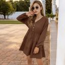 Brown Large Long Sleeve Button-Front Tiered Mini Dress with Drawstring Waist