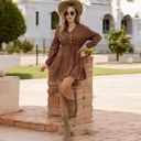 Brown Large Long Sleeve Button-Front Tiered Mini Dress with Drawstring Waist