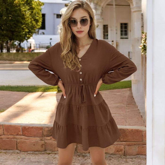 Long Sleeve Button-Front Tiered Mini Dress with Drawstring Waist