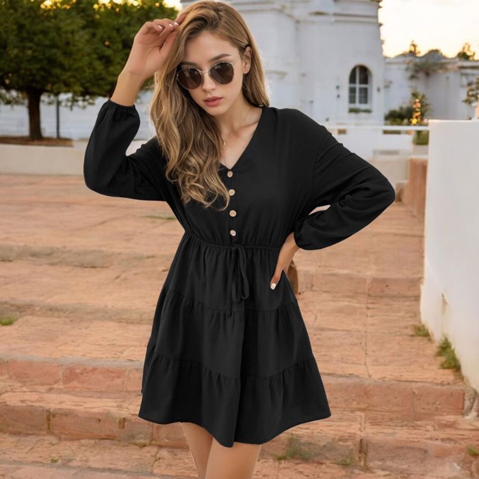 Long Sleeve Button-Front Tiered Mini Dress with Drawstring Waist