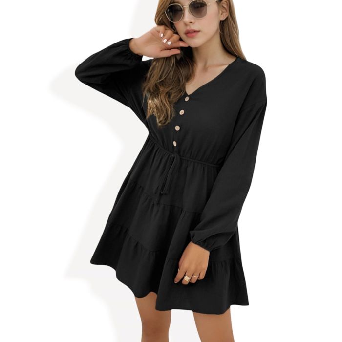 Long Sleeve Button-Front Tiered Mini Dress with Drawstring Waist