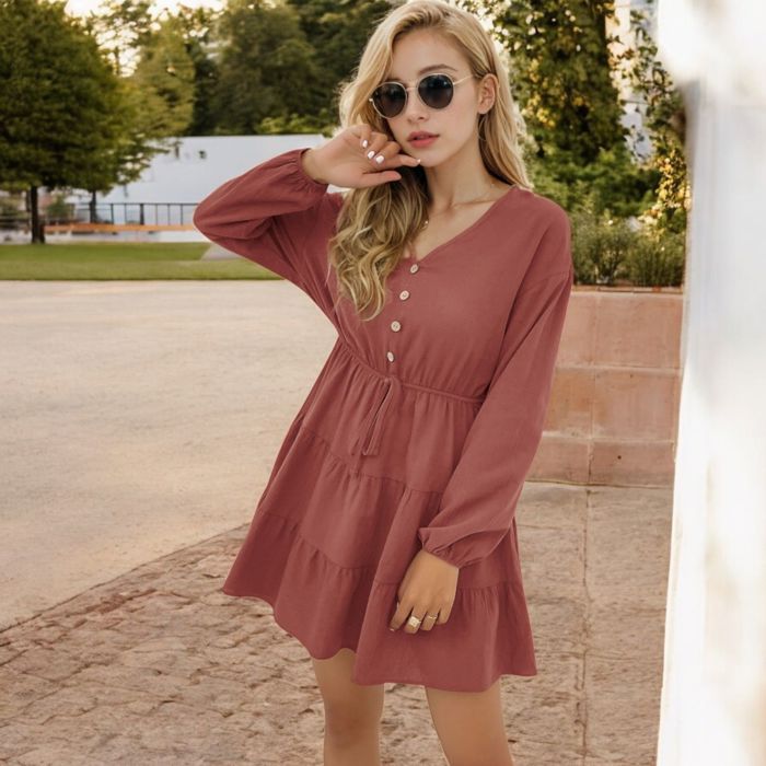 Long Sleeve Button-Front Tiered Mini Dress with Drawstring Waist