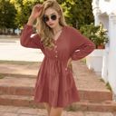 Blue Large Long Sleeve Button-Front Tiered Mini Dress with Drawstring Waist