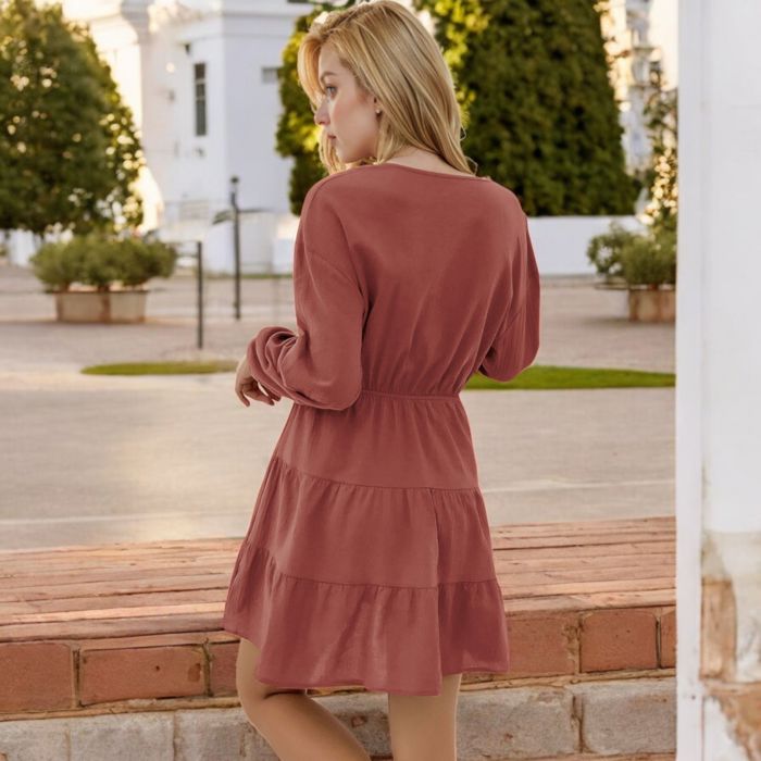 Long Sleeve Button-Front Tiered Mini Dress with Drawstring Waist