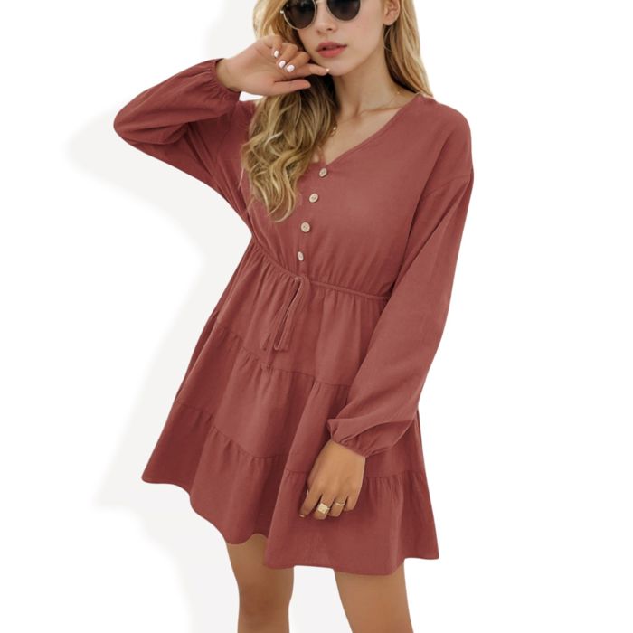 Long Sleeve Button-Front Tiered Mini Dress with Drawstring Waist