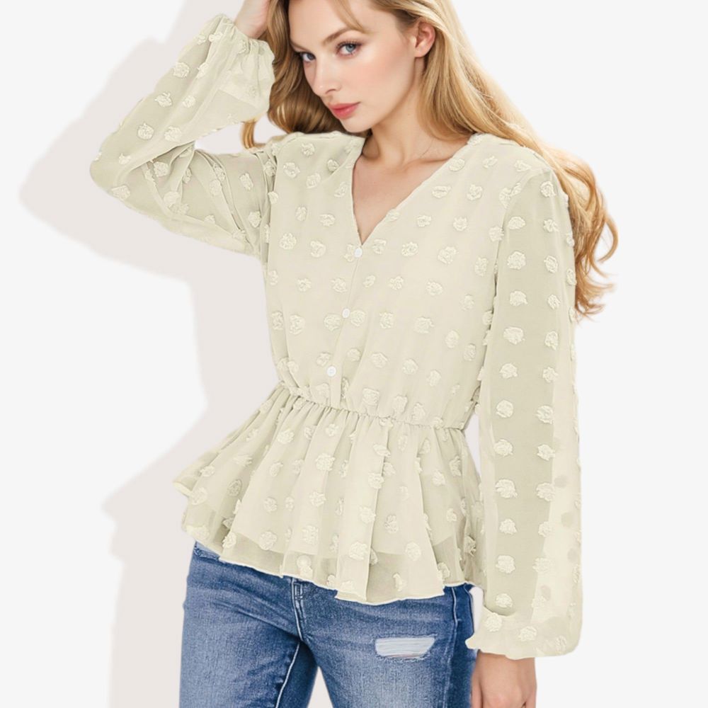 V-Neck Solid Color Semi Sheer Swiss Dot Blouse