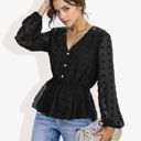 Black Large V-Neck Solid Color Semi Sheer Swiss Dot Blouse