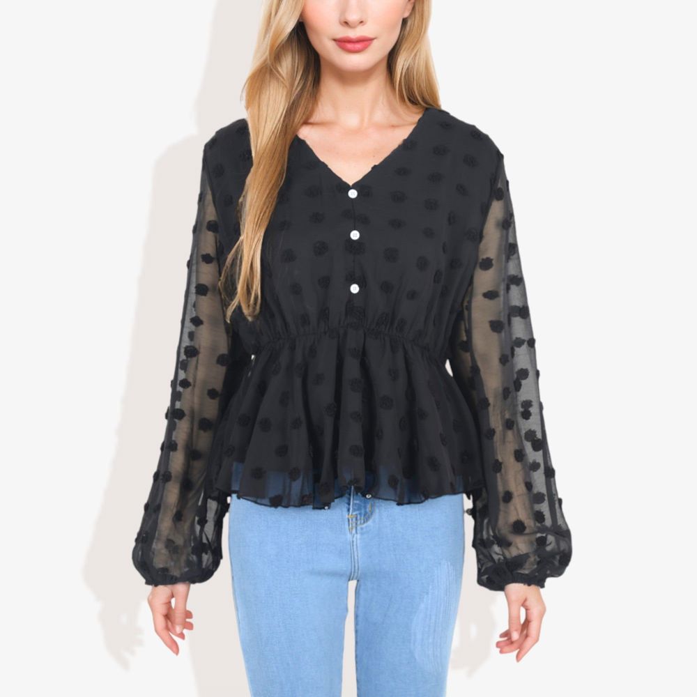 V-Neck Solid Color Semi Sheer Swiss Dot Blouse