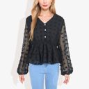 Black Large V-Neck Solid Color Semi Sheer Swiss Dot Blouse