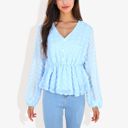 Blue Large V-Neck Solid Color Semi Sheer Swiss Dot Blouse