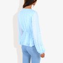 Blue Large V-Neck Solid Color Semi Sheer Swiss Dot Blouse