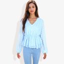 Blue Medium V-Neck Solid Color Semi Sheer Swiss Dot Blouse