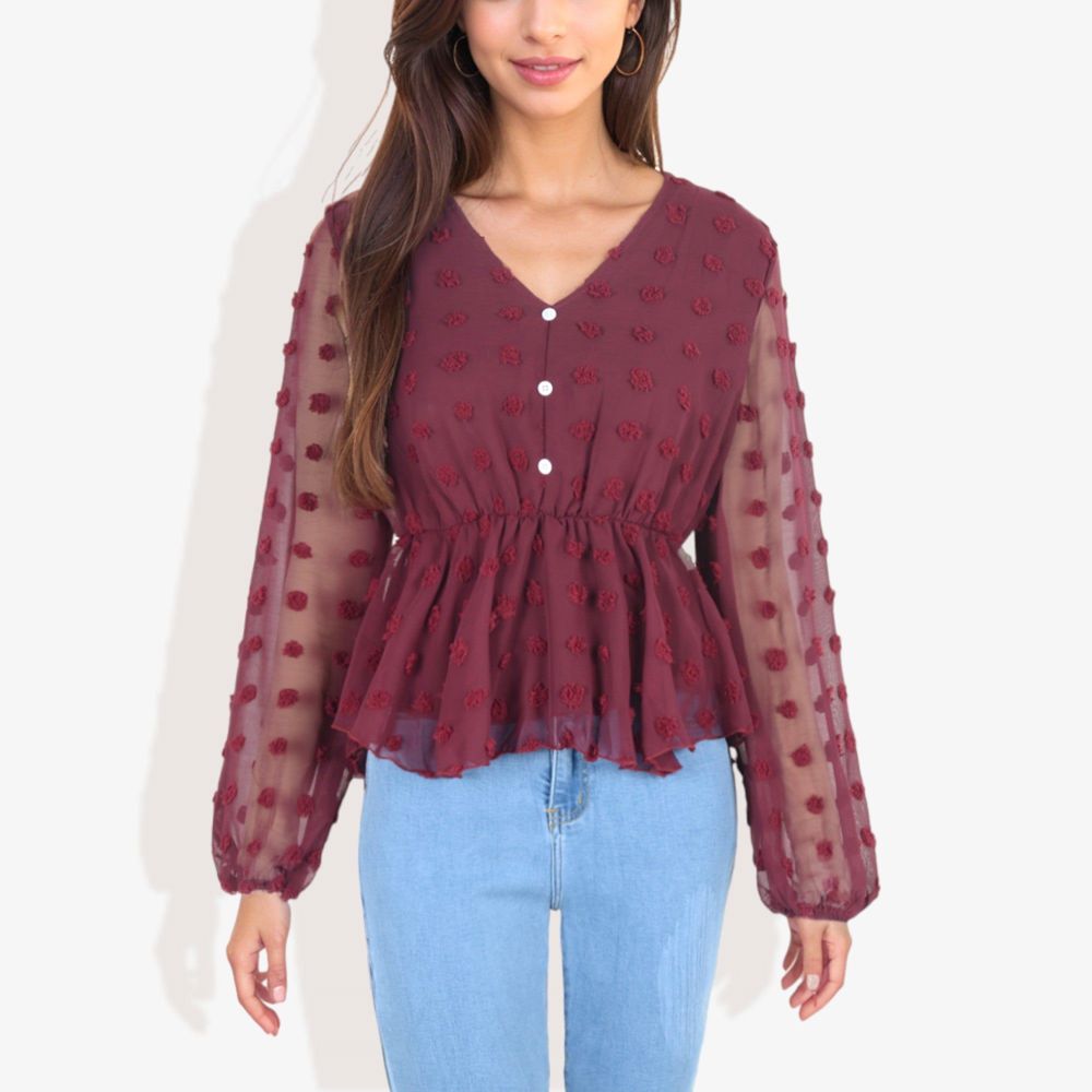 V-Neck Solid Color Semi Sheer Swiss Dot Blouse