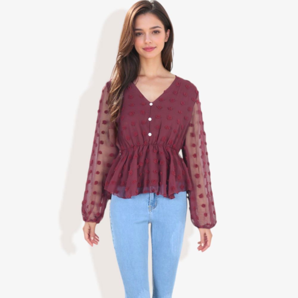 V-Neck Solid Color Semi Sheer Swiss Dot Blouse