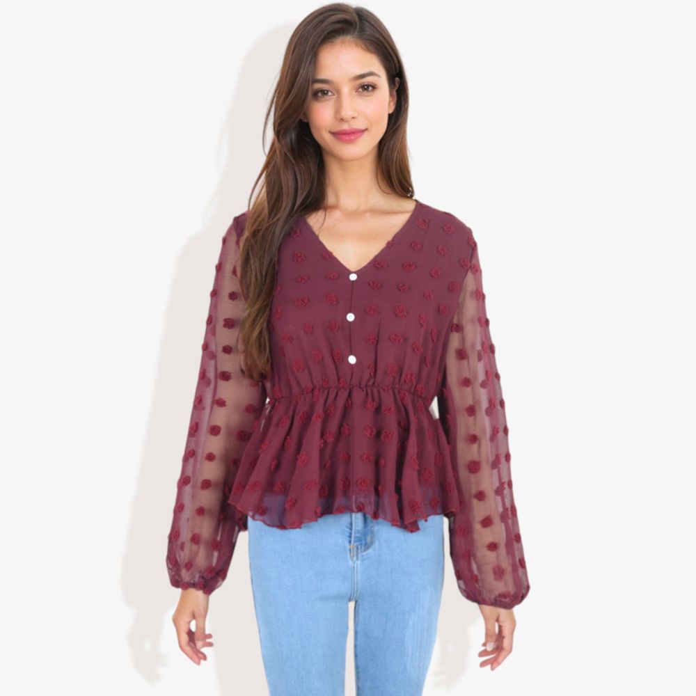 V-Neck Solid Color Semi Sheer Swiss Dot Blouse