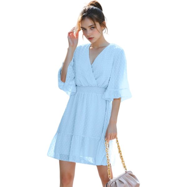 V Neck Bell Sleeve Swiss Dot A-Line Elastic Waist Ruffle Dress