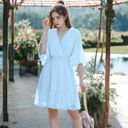  V Neck Bell Sleeve Swiss Dot A-Line Elastic Waist Ruffle Dress