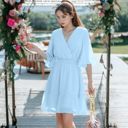  V Neck Bell Sleeve Swiss Dot A-Line Elastic Waist Ruffle Dress