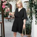 Black Large V Neck Bell Sleeve Swiss Dot A-Line Elastic Waist Ruffle Dress