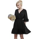 Black Medium V Neck Bell Sleeve Swiss Dot A-Line Elastic Waist Ruffle Dress