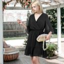 Black Medium V Neck Bell Sleeve Swiss Dot A-Line Elastic Waist Ruffle Dress