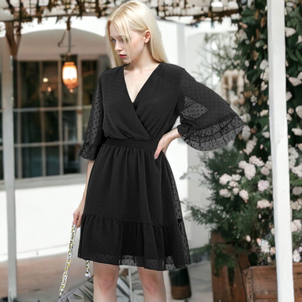 V Neck Bell Sleeve Swiss Dot A-Line Elastic Waist Ruffle Dress