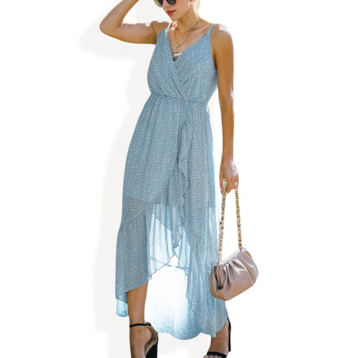 Sleeveless V-Neck Wrap Maxi Dress with High-Low Hem