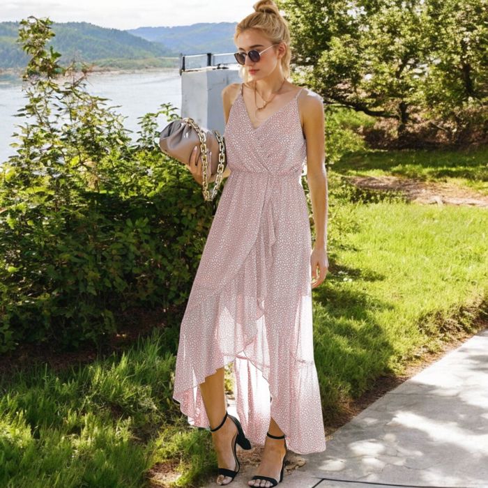 Sleeveless V-Neck Wrap Maxi Dress with High-Low Hem