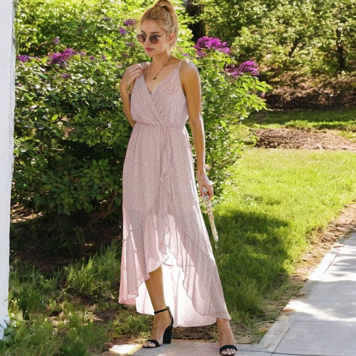 Sleeveless V-Neck Wrap Maxi Dress with High-Low Hem