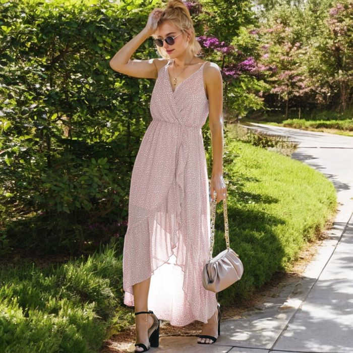 Sleeveless V-Neck Wrap Maxi Dress with High-Low Hem