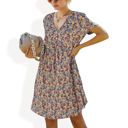 Blue Large Short Sleeve V-Neck Floral Print Swing Dress with Relaxed Fit