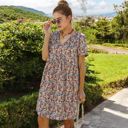 Blue Large Short Sleeve V-Neck Floral Print Swing Dress with Relaxed Fit