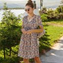 Blue Small Short Sleeve V-Neck Floral Print Swing Dress with Relaxed Fit