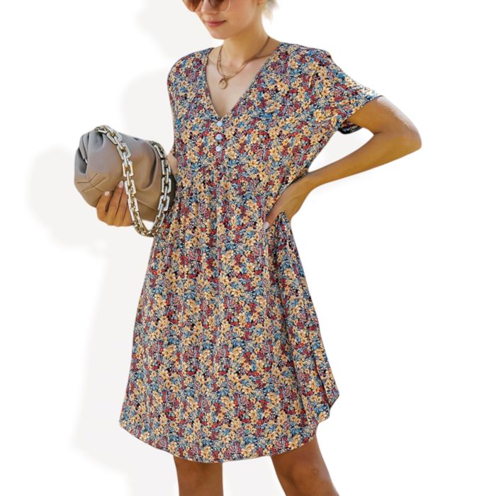 Short Sleeve V-Neck Floral Print Swing Dress with Relaxed Fit