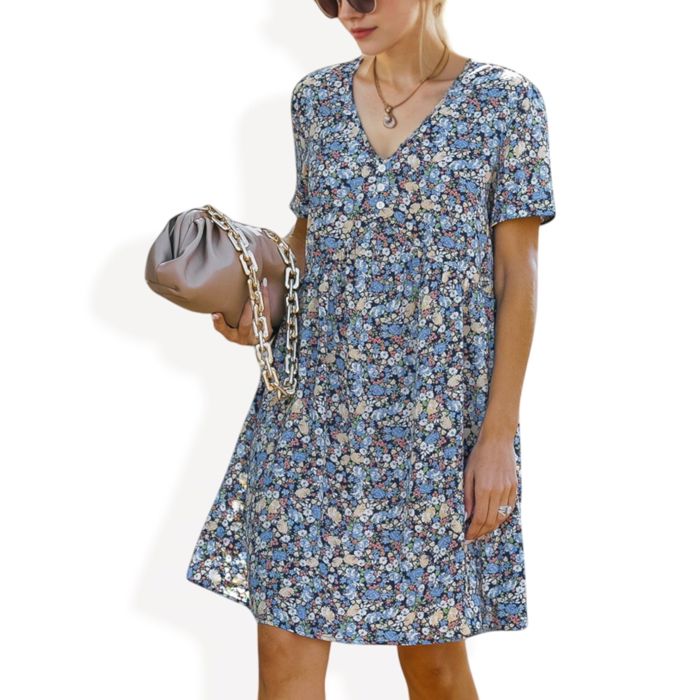 Short Sleeve V-Neck Floral Print Swing Dress with Relaxed Fit