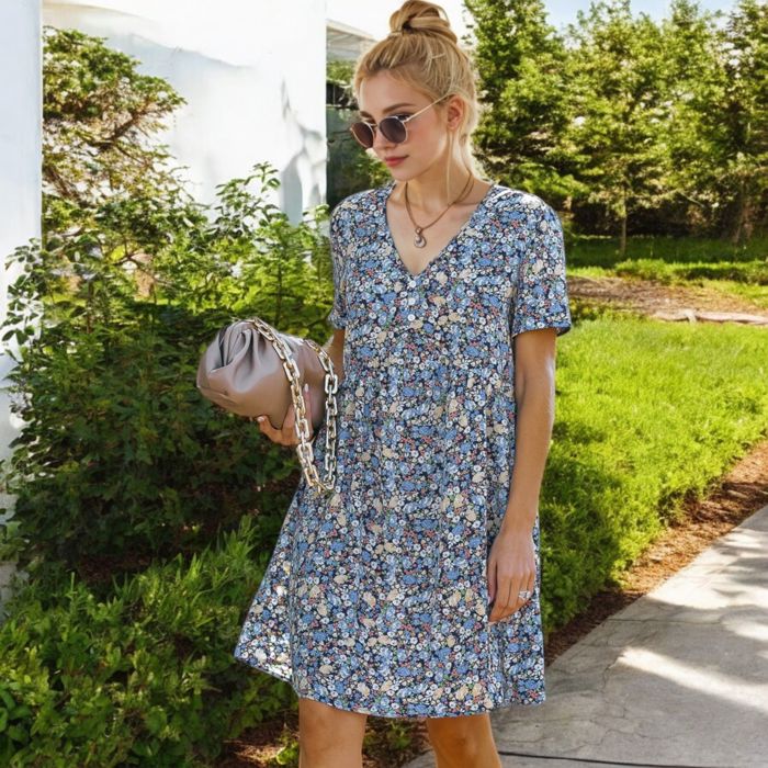 Short Sleeve V-Neck Floral Print Swing Dress with Relaxed Fit